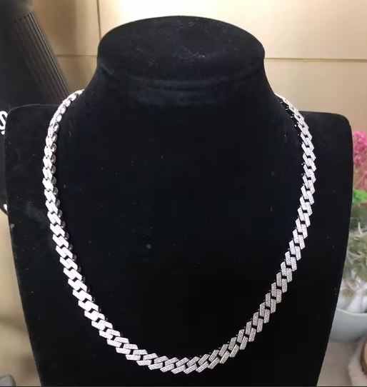 S925 Iced Out Miami Cuban Chain,Width 8mm Round Brilliant Cut 8-10ct Lab Grown Diamond